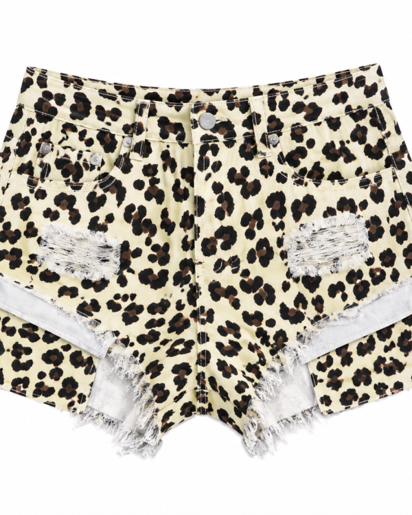 Leopard Denim Shorts με Destroyed Λεπτομέρειες