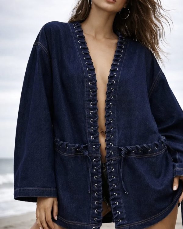 Denim Kimono Jacket με Lace-Up Λεπτομέρειες