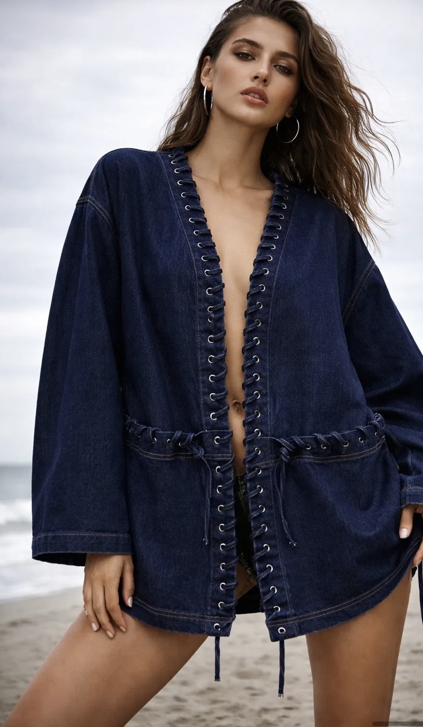 Denim Kimono Jacket με Lace-Up Λεπτομέρειες Denim Kimono Jacket με Lace-Up Λεπτομέρειες
