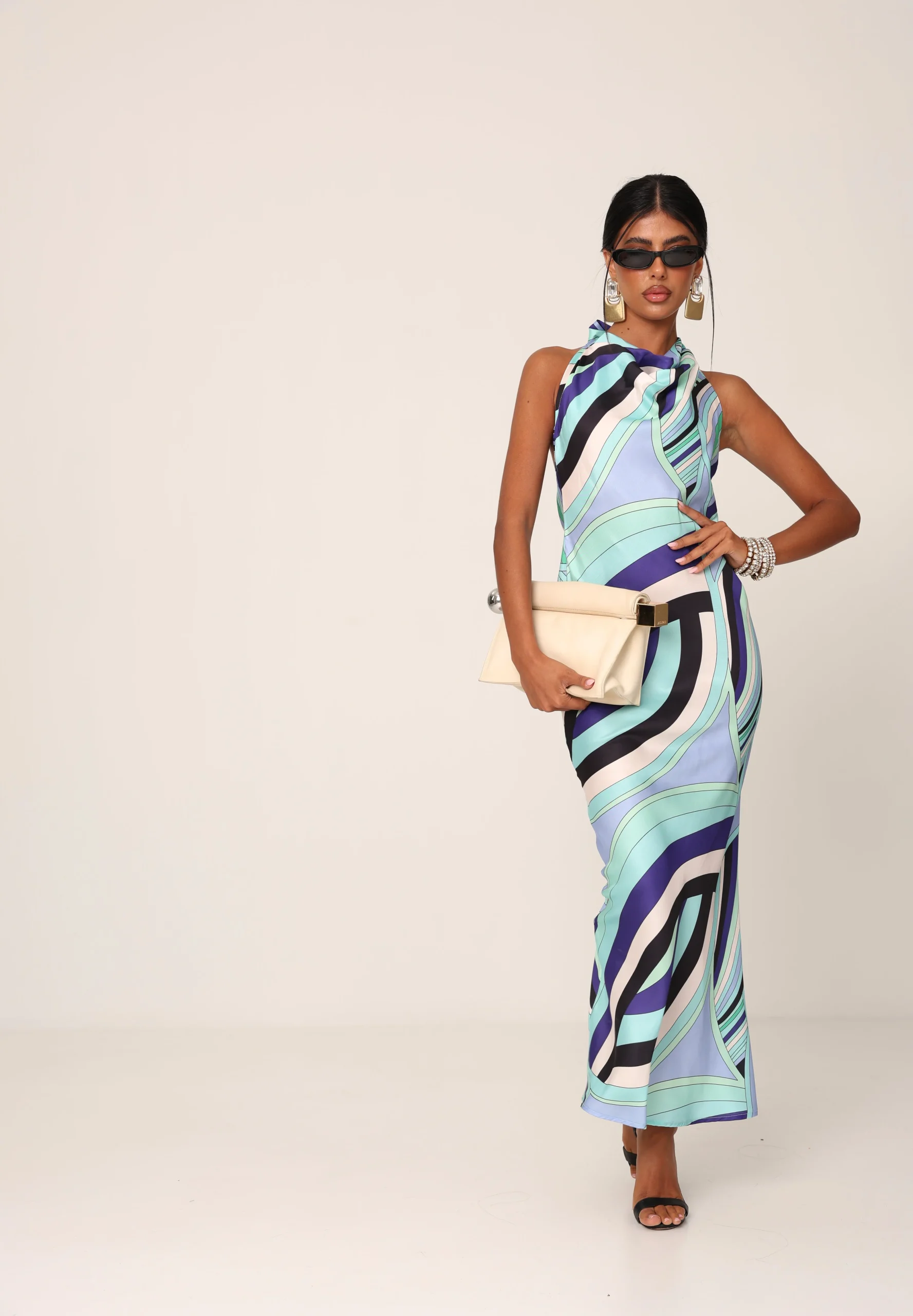 Maxi Φόρεμα με Abstract Print & Draped Λαιμόκοψη σε Aqua