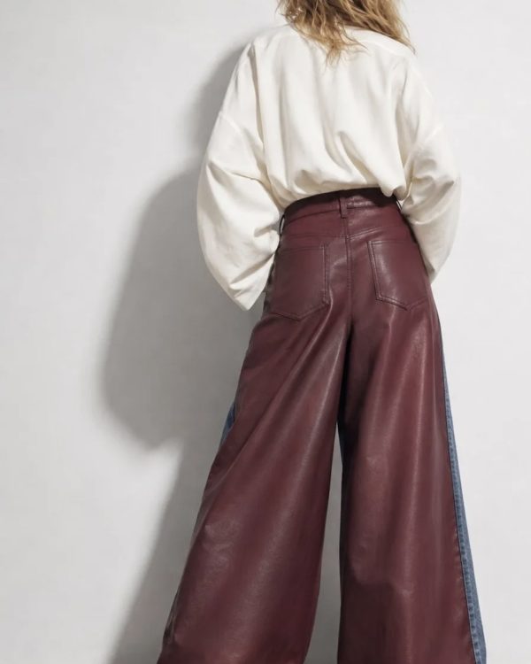 Wide Leg Denim Παντελόνι με Leather Look Λεπτομέρειες