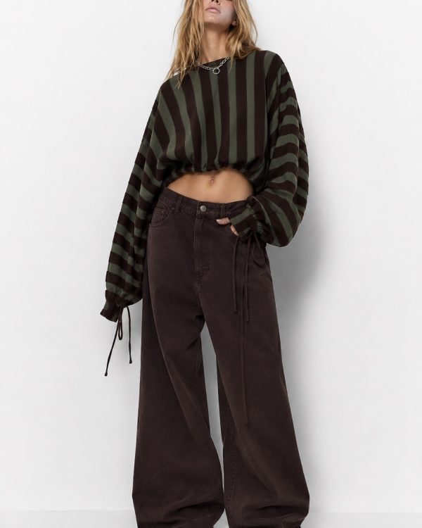 Ριγέ Oversized Cropped Top με Ρυθμιζόμενα Μανίκια