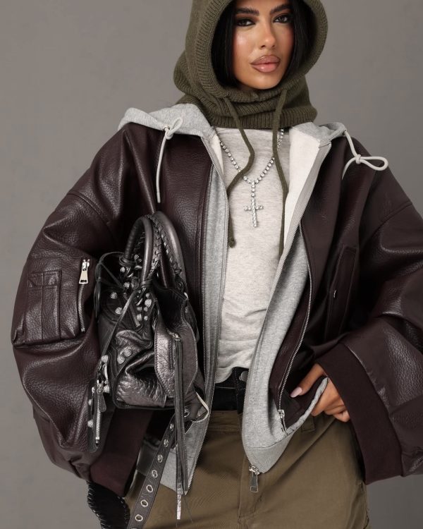 Oversized Leather Bomber Jacket με Hoodie