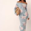Maxi Floral Φόρεμα με Έξω Ώμους – Sky Blue