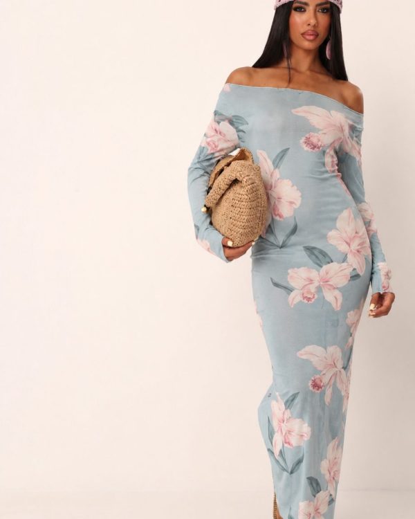 Maxi Floral Φόρεμα με Έξω Ώμους – Sky Blue