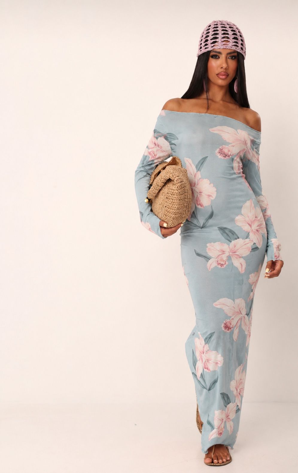 Maxi Floral Φόρεμα με Έξω Ώμους – Sky Blue