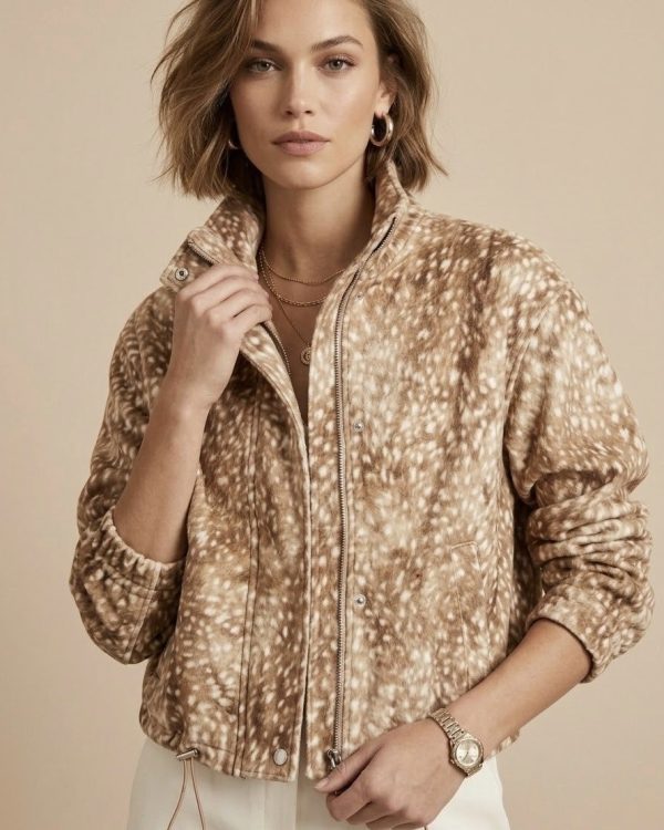 Animal Print Bomber Jacket με Ψηλό Γιακά