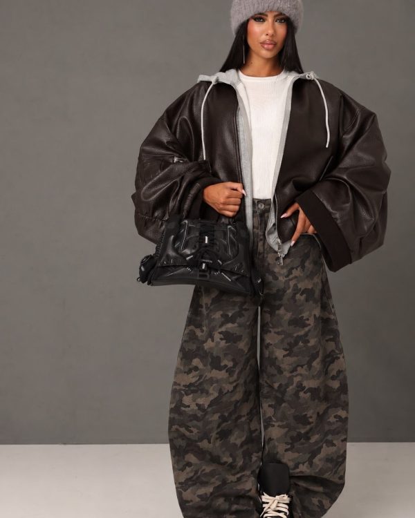 Oversized Leather Bomber Jacket με Hoodie