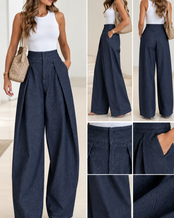 Ψηλόμεση Wide Leg Παντελόνα με Πιέτες σε Navy