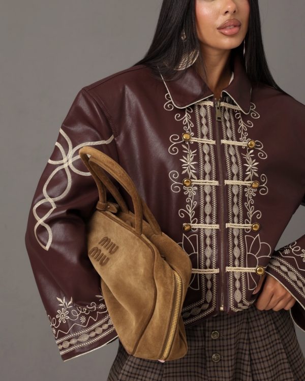 Couture Δερμάτινο Jacket με Κεντημένες Λεπτομέρειες