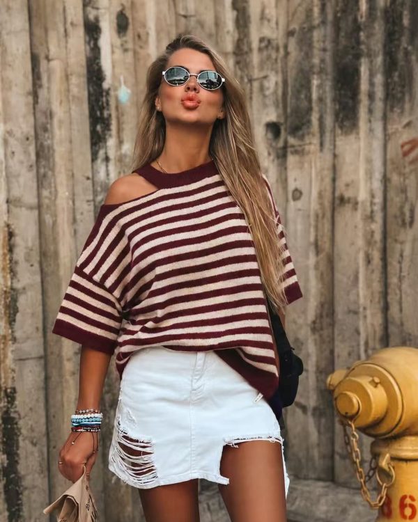 Ριγέ Off Shoulder Μπλούζα σε Μπορντό & Εκρού