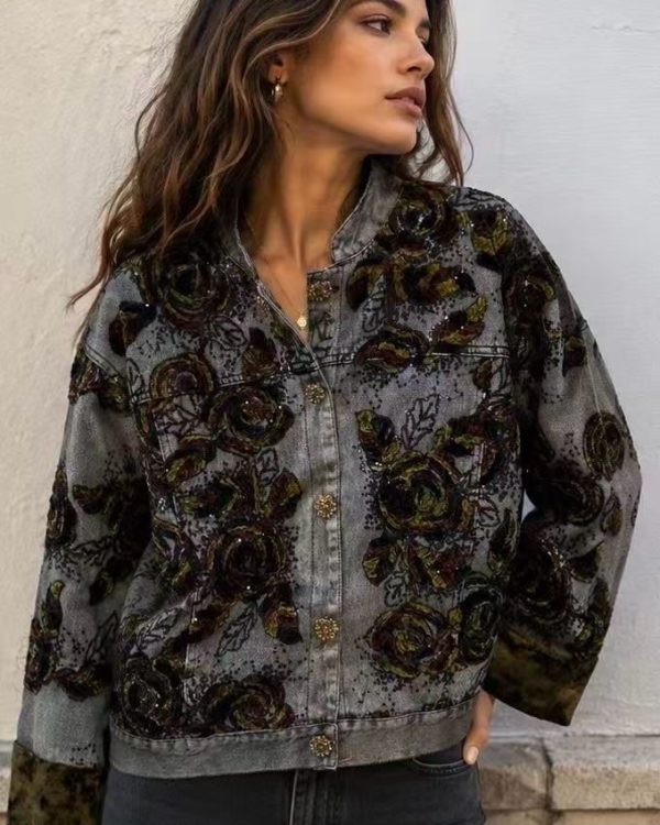 Τζιν Jacket με Κεντημένα Λουλούδια