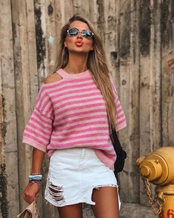 Ριγέ Off Shoulder Μπλούζα Ρόζ