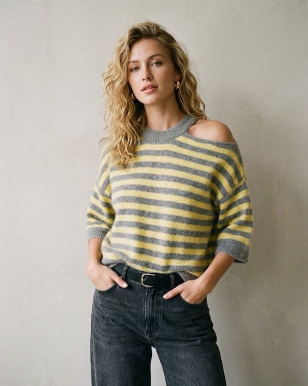 Ριγέ Off Shoulder Μπλούζα Γκρι