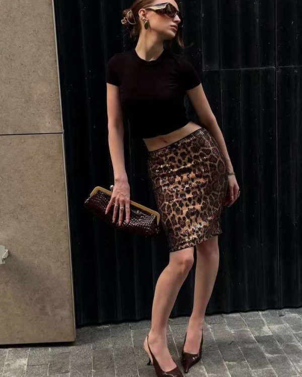 Animal Print Sequin Midi Φούστα