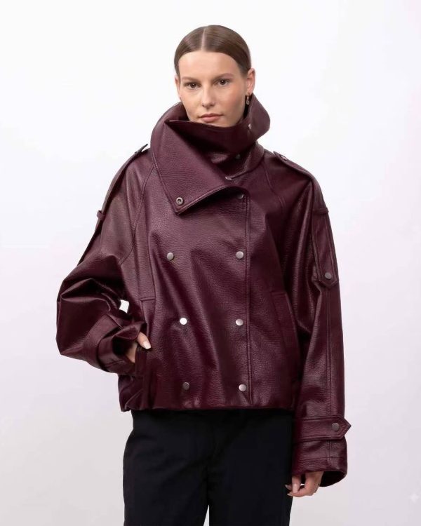 Oversized Leather Look Jacket με Ψηλό Γιακά – Burgundy