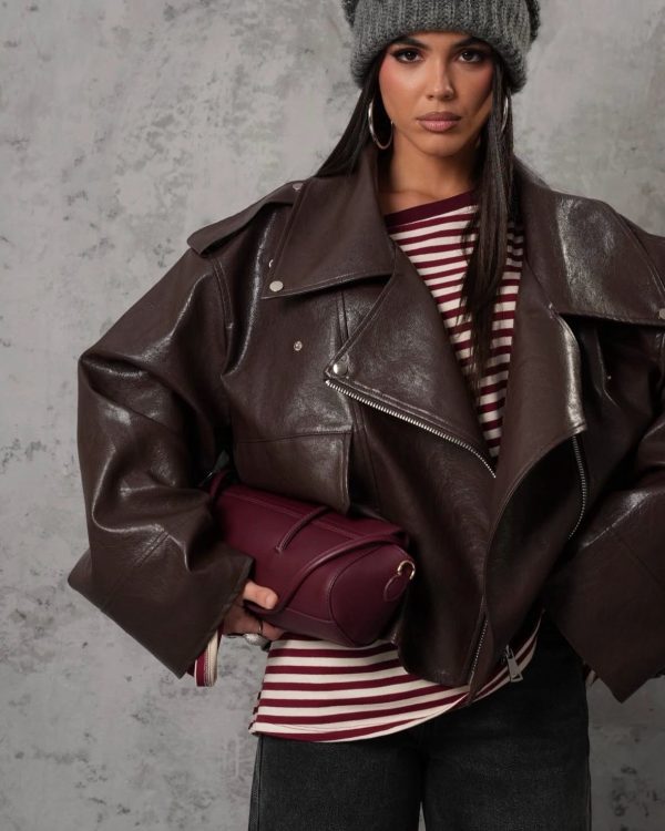 Oversized biker jacket Καφε