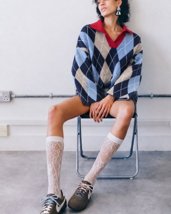 Argyle Knit Polo Sweater με Κόκκινο Γιακά