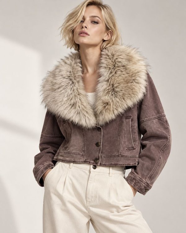 Cropped Jacket με Πλούσιο Γούνινο Γιακά
