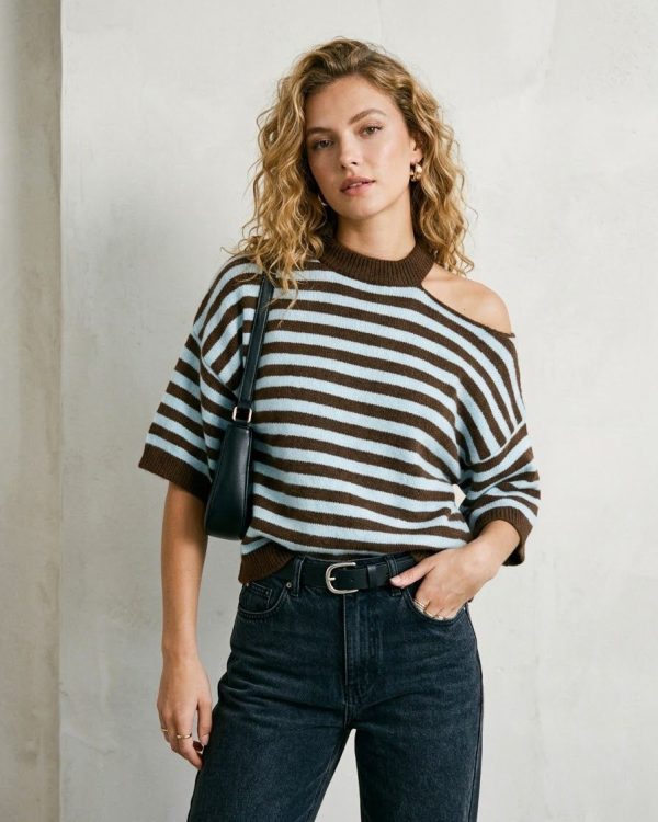 Ριγέ Off Shoulder Μπλούζα Καφέ